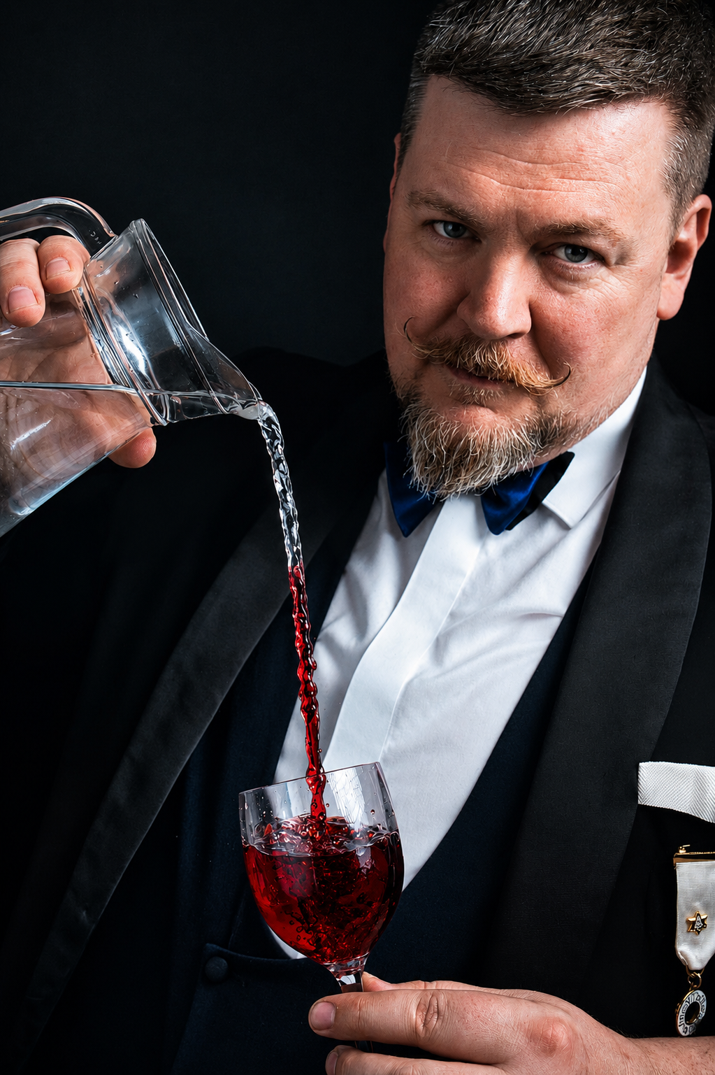Liam Ball, The Gentleman Magician, performing a water-into-wine psychological illusion while wearing a tuxedo and Magic Circle medal.